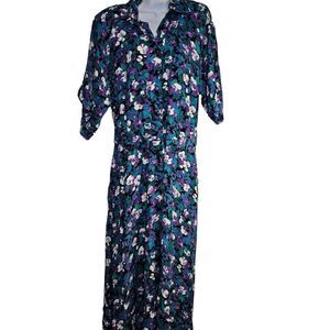 Vintage 80s Shirt Dress Womens Size M Purple Blue Floral Belted Midi Long